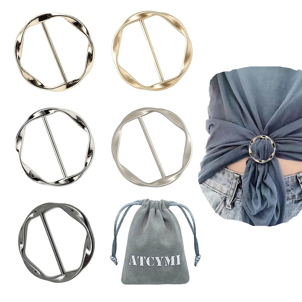 5PCS Silk Scarf Ring Clip T-shirt Tie Clips for Women Fashion Metal Round Circle